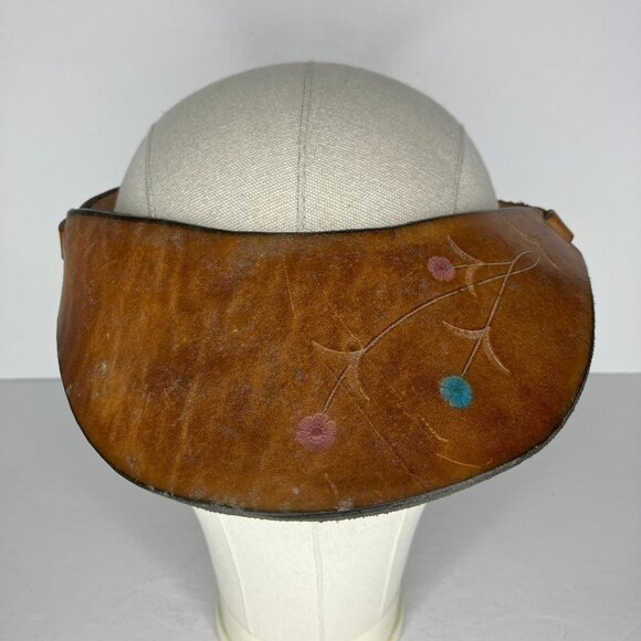 Vintage Leather Visor Tooled Floral Hippie Boho Natural Earthy Artsy - Picture 2 of 10